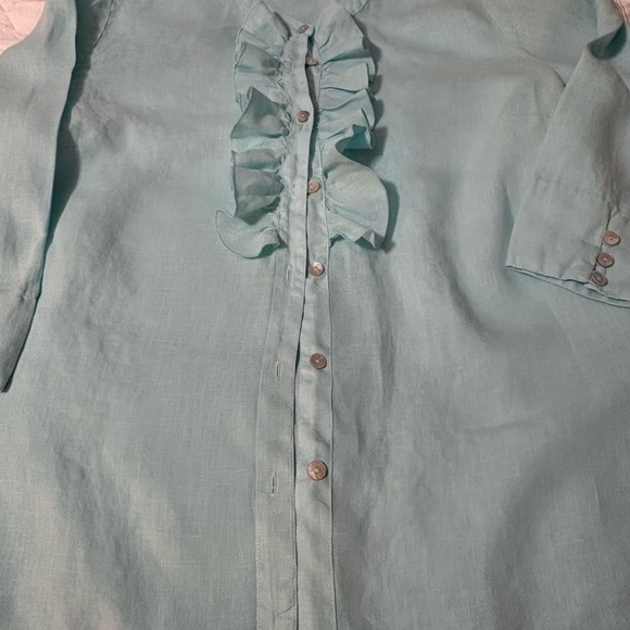 100%linen aqua blue ruffle button up tunic. 3/4 sleeve,  split hem. - Picture 13 of 16
